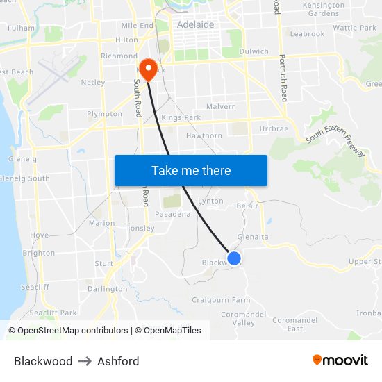 Blackwood to Ashford map