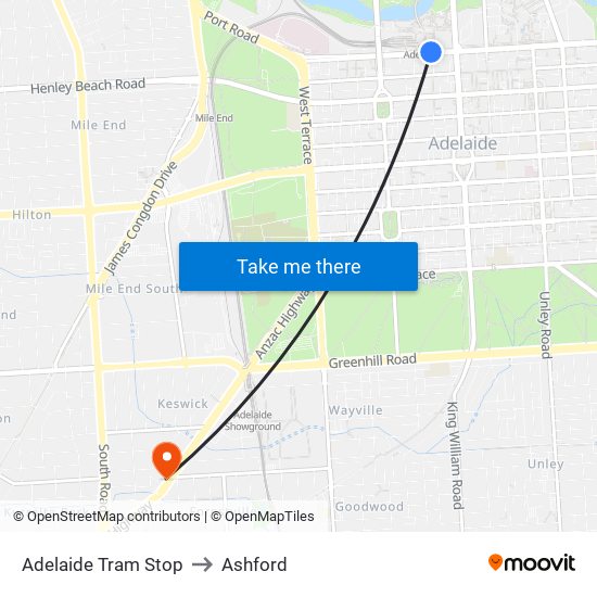 Adelaide Tram Stop to Ashford map