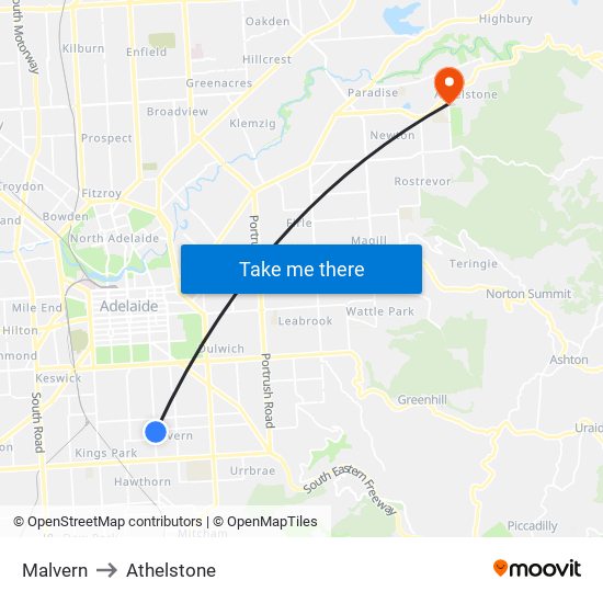 Malvern to Athelstone map