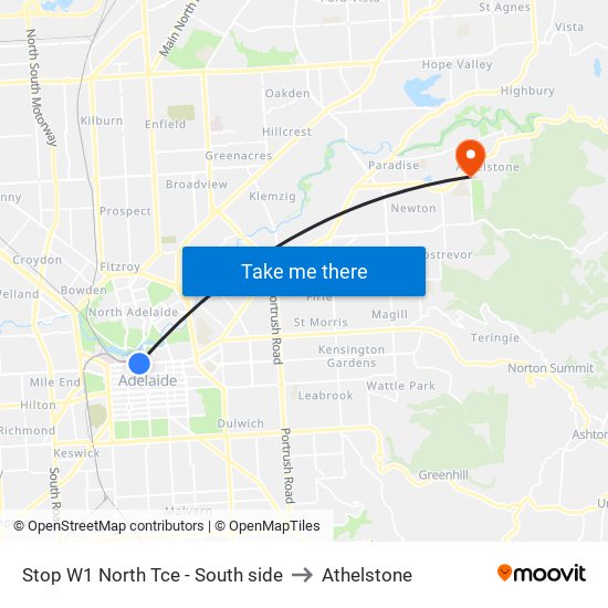 Stop W1 North Tce - South side to Athelstone map