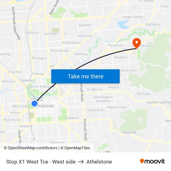 Stop X1 West Tce - West side to Athelstone map