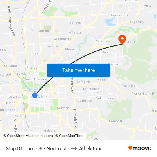 Stop D1 Currie St - North side to Athelstone map