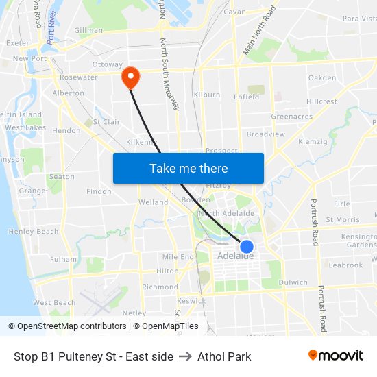 Stop B1 Pulteney St - East side to Athol Park map