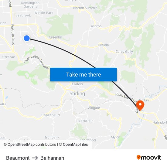 Beaumont to Balhannah map