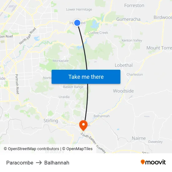 Paracombe to Balhannah map