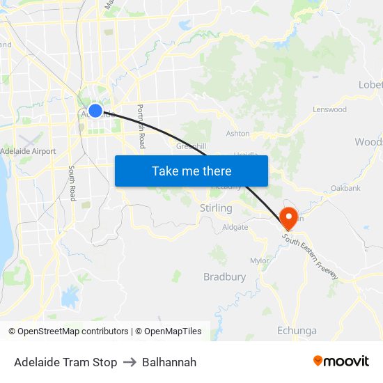 Adelaide Tram Stop to Balhannah map