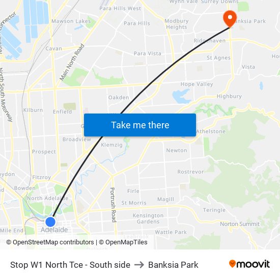 Stop W1 North Tce - South side to Banksia Park map