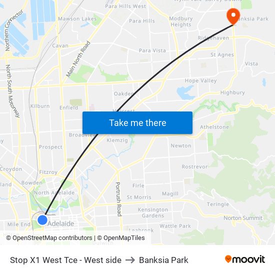 Stop X1 West Tce - West side to Banksia Park map