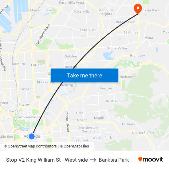 Stop V2 King William St - West side to Banksia Park map