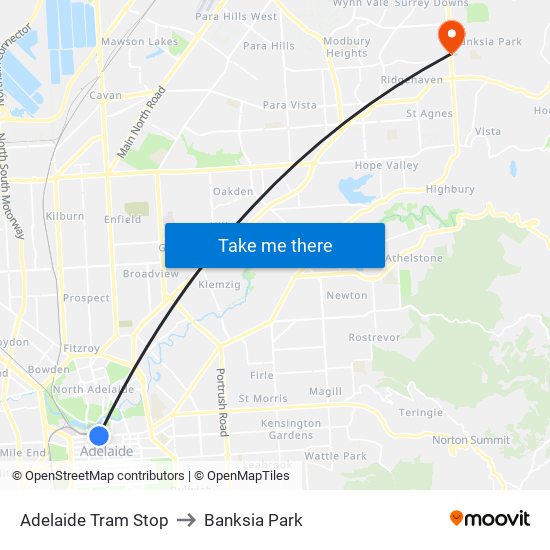 Adelaide Tram Stop to Banksia Park map