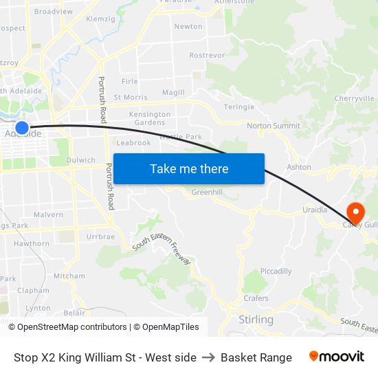 Stop X2 King William St - West side to Basket Range map