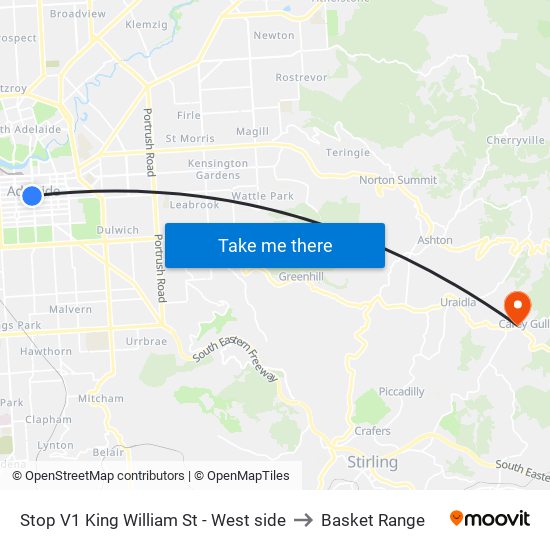 Stop V1 King William St - West side to Basket Range map