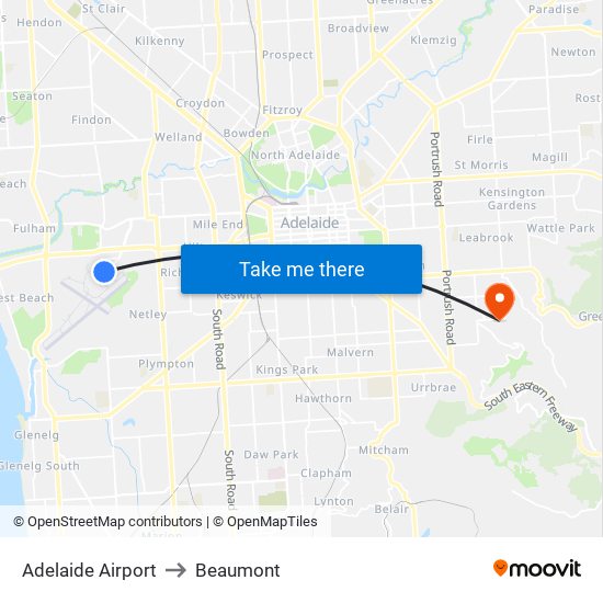 Adelaide Airport to Beaumont map