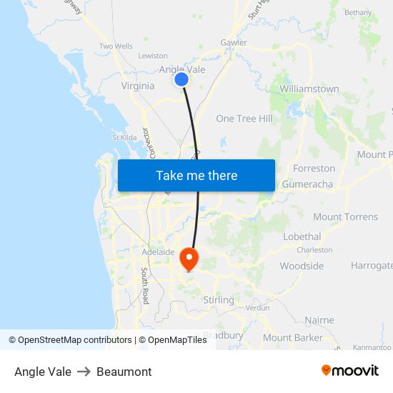 Angle Vale to Beaumont map