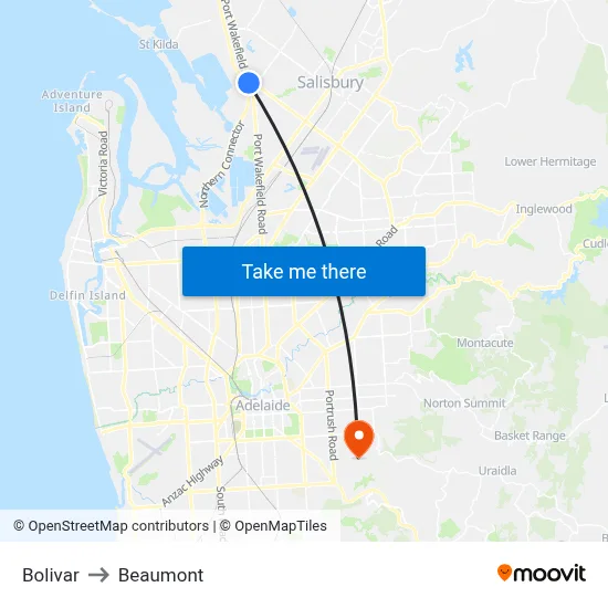 Bolivar to Beaumont map