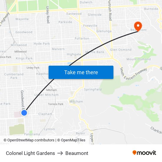 Colonel Light Gardens to Beaumont map