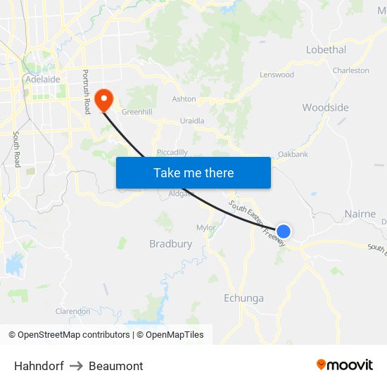 Hahndorf to Beaumont map