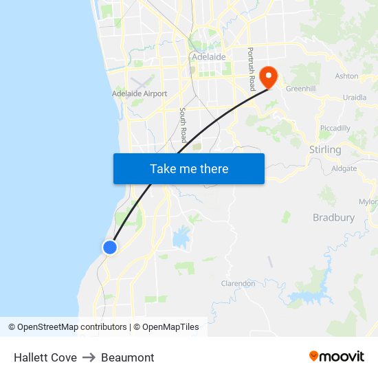 Hallett Cove to Beaumont map