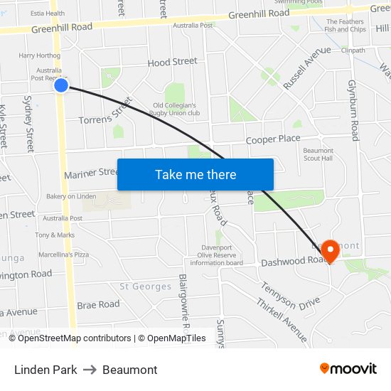 Linden Park to Beaumont map