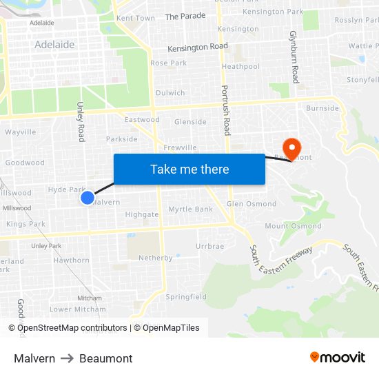 Malvern to Beaumont map