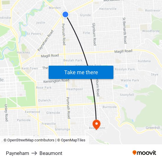 Payneham to Beaumont map