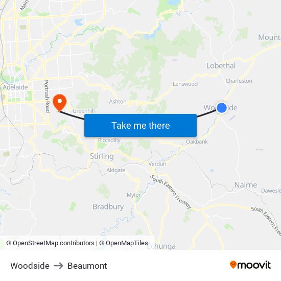 Woodside to Beaumont map