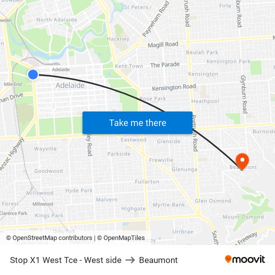 Stop X1 West Tce - West side to Beaumont map