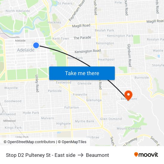 Stop D2 Pulteney St - East side to Beaumont map