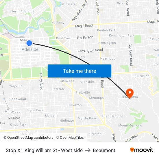 Stop X1 King William St - West side to Beaumont map