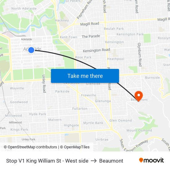 Stop V1 King William St - West side to Beaumont map