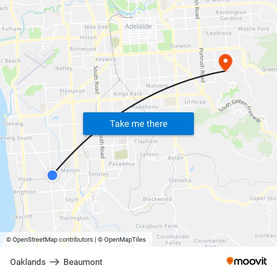 Oaklands to Beaumont map