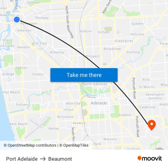 Port Adelaide to Beaumont map