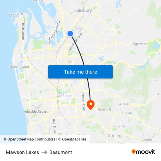 Mawson Lakes to Beaumont map