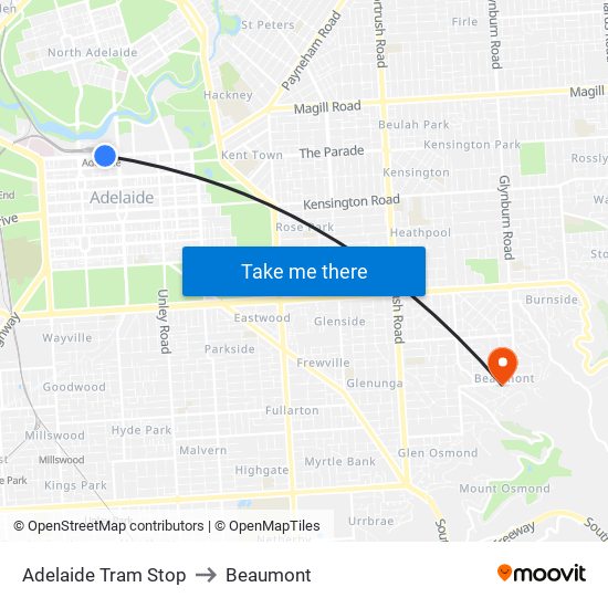 Adelaide Tram Stop to Beaumont map