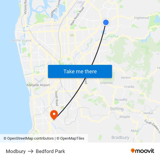 Modbury to Bedford Park map