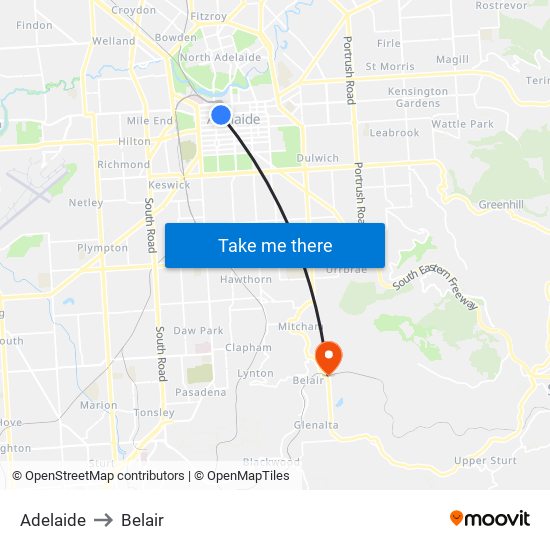 Adelaide to Belair map