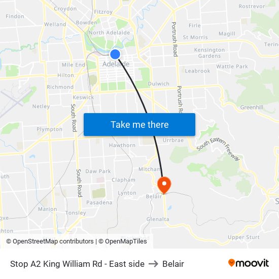Stop A2 King William Rd - East side to Belair map