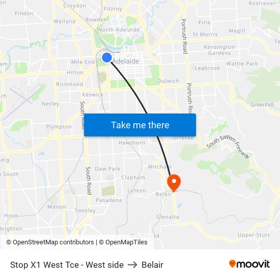 Stop X1 West Tce - West side to Belair map