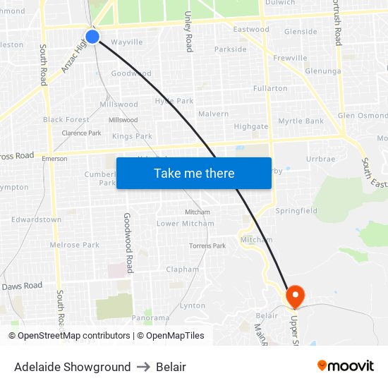 Adelaide Showground to Belair map