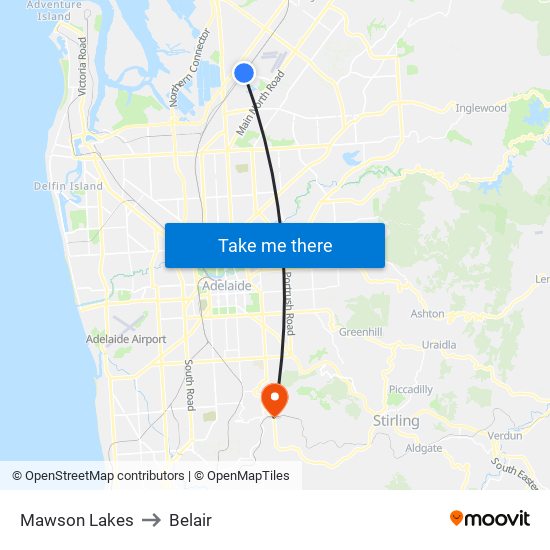 Mawson Lakes to Belair map