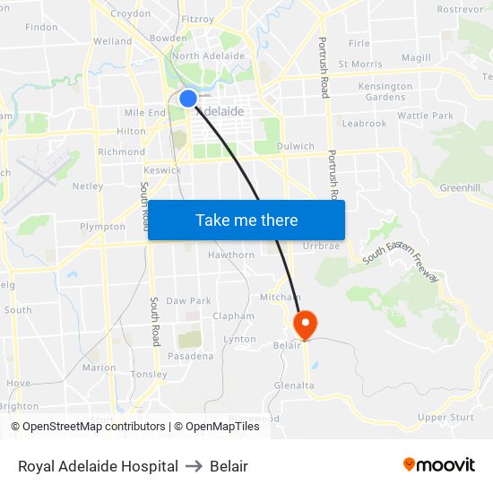 Royal Adelaide Hospital to Belair map