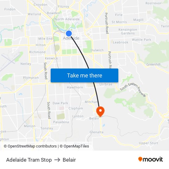 Adelaide Tram Stop to Belair map