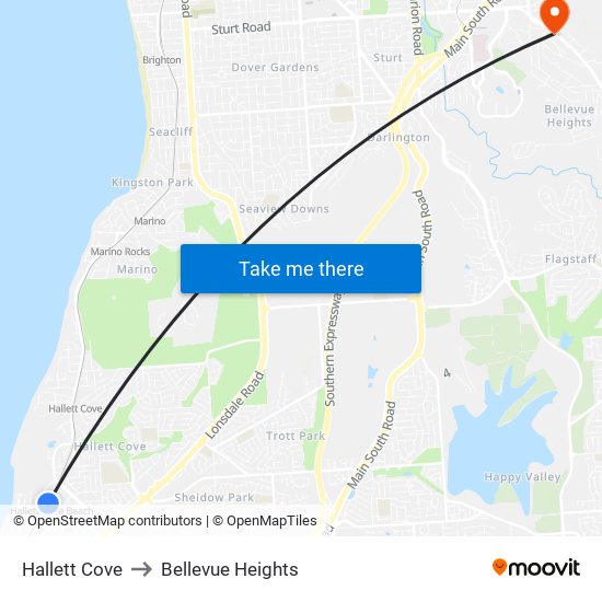 Hallett Cove to Bellevue Heights map