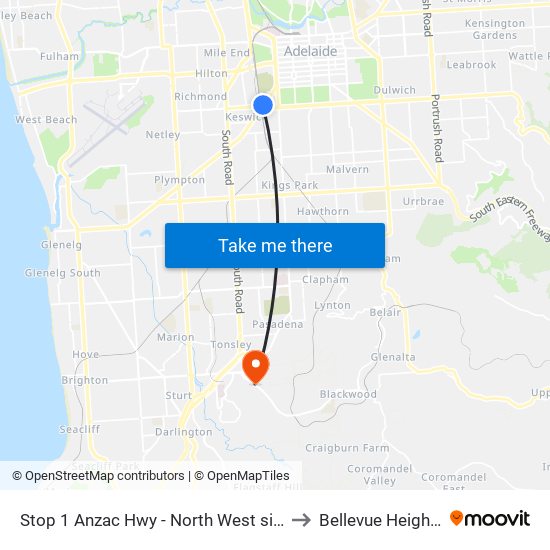 Stop 1 Anzac Hwy - North West side to Bellevue Heights map
