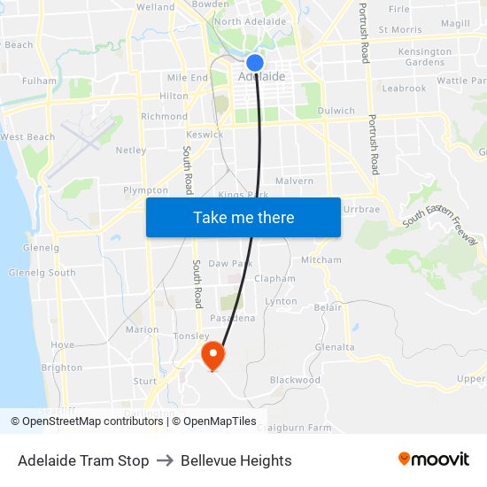 Adelaide Tram Stop to Bellevue Heights map