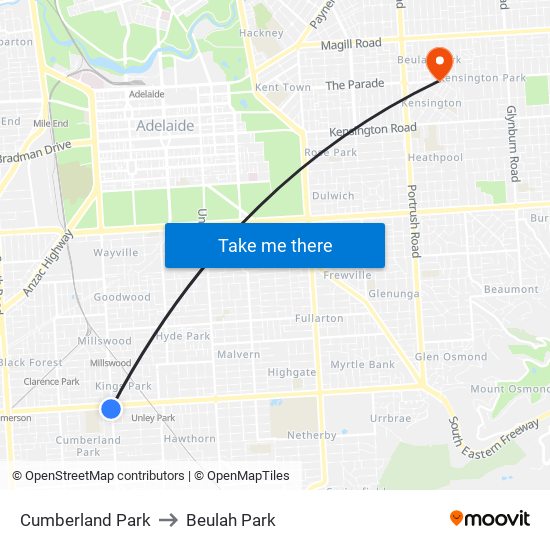 Cumberland Park to Beulah Park map