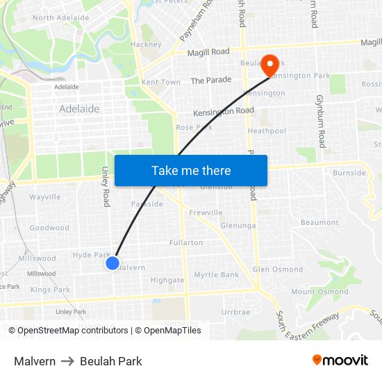 Malvern to Beulah Park map