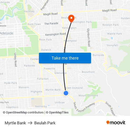 Myrtle Bank to Beulah Park map