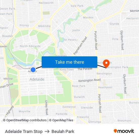 Adelaide Tram Stop to Beulah Park map