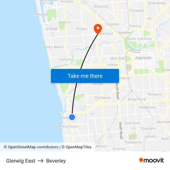 Glenelg East to Beverley map